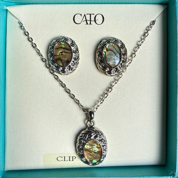 Vintage Cato Necklace & Clip-On Earrings Set | Silver Tone w/ Abalone Shell - Picture 1 of 4